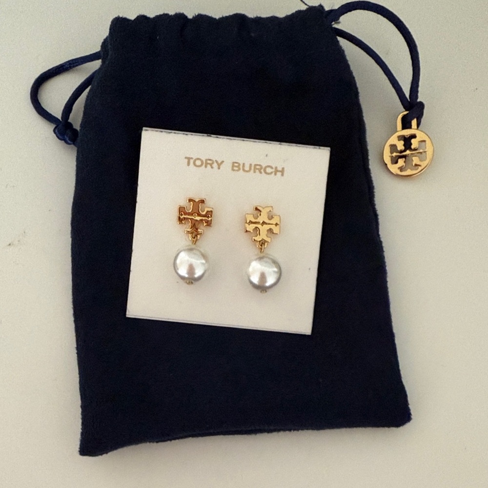 Tory Burch Gold and White Stud Earrings